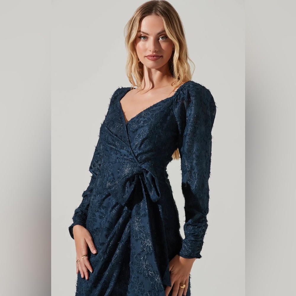 Astr the Label Terese Floral Burnout navy lace wrap midi dress